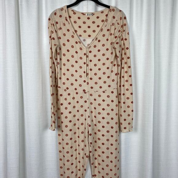 Free People Intimately Beige Print Waffle Knit Home Alone Long John’s Jumpsuit - Picture 7 of 16